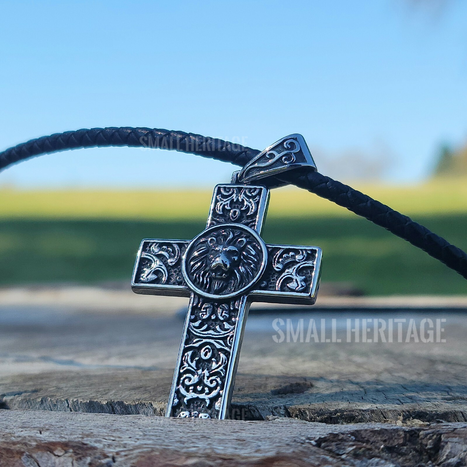 Stainless Steel Lion Cross Necklace Christian Pendant Medieval Style Men Women