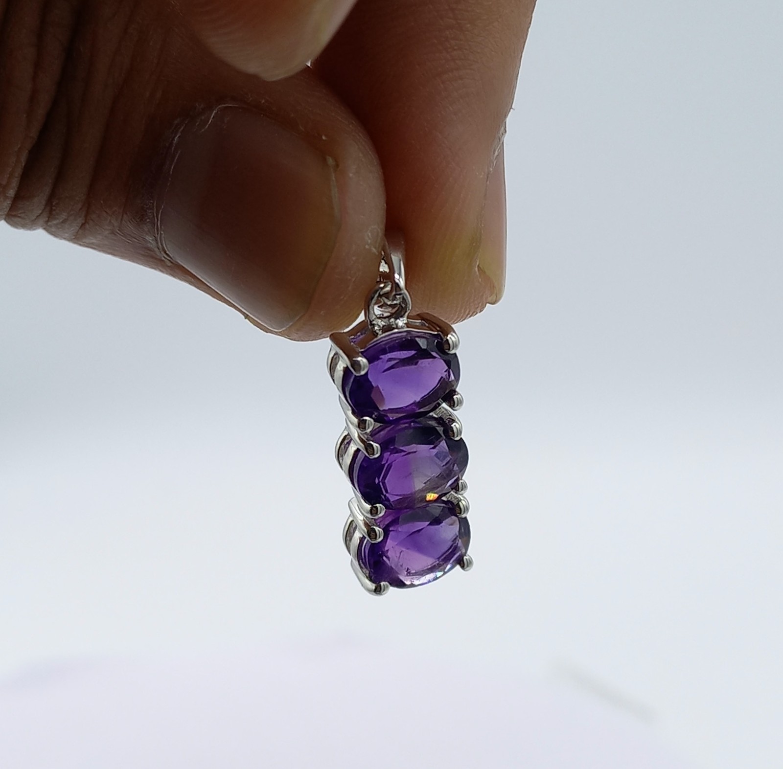 Three Purple Amethyst Stone Pendant 925 Sterling Silver Jewelry