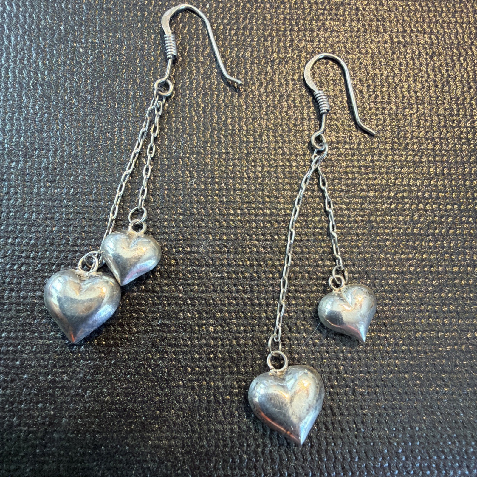 Double Hearts on Chains 925 Silver Dangle Earrings