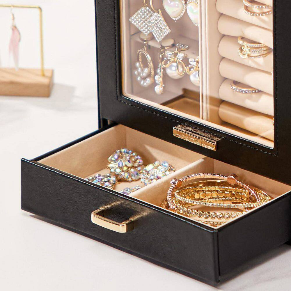 Black 7 In. X 9 In. Polyurethane Modern Jewelry Box with 3-Drawers