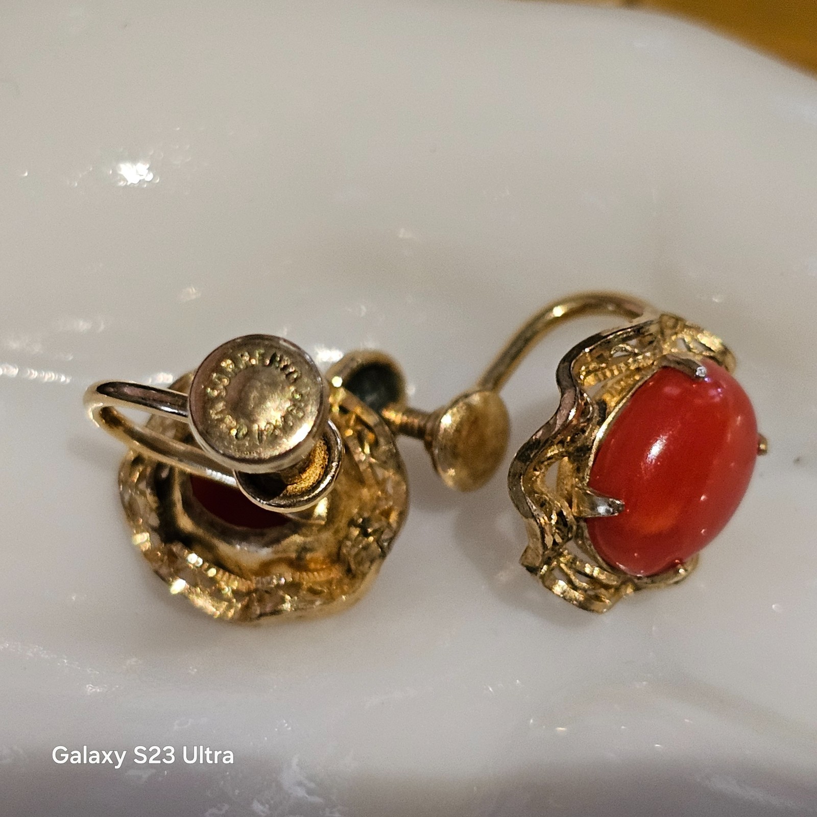 SORRENTO Coral Cabochon Earrings 1/20 12K GF Oval Bezel & Prong Set Screwback
