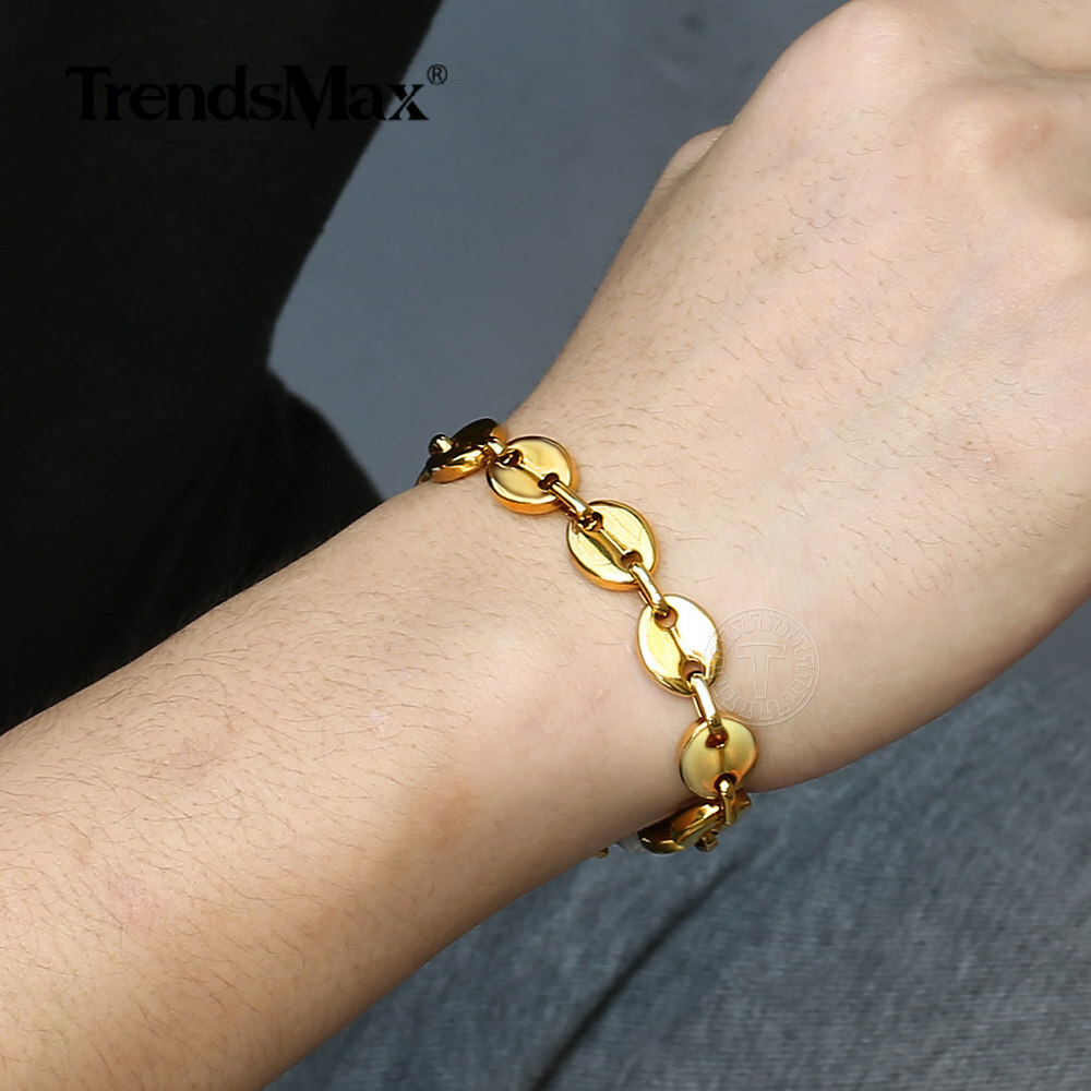 7/9/11mm Coffee Beans Marina Chain Bracelet Silver/Gold Plated Stainless Steel