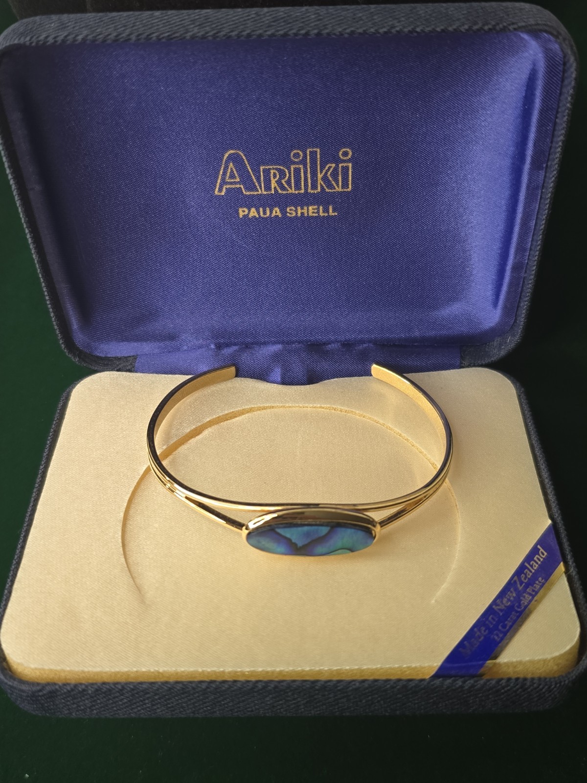 Ariki Paua Shell Cuff Bracelet Vintage 22K Gold Plated New Zealand Abalone NIB