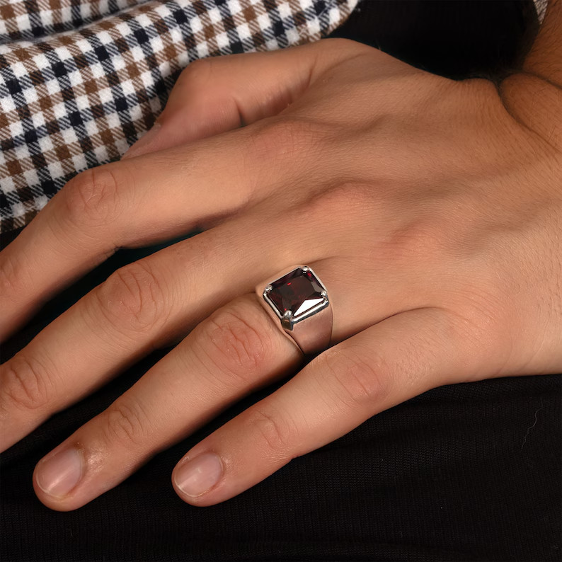 MENS SIGNET RED GARNET RING 925 STERLING SILVER RING MENS RING GIFT FOR HIM