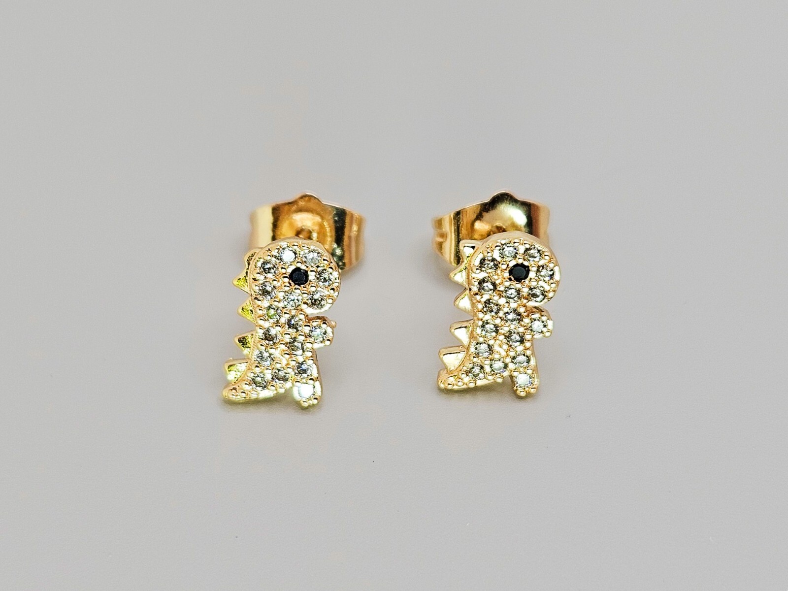 Dinosaur Stud Earrings 18K Gold with White Clear Cubic Zirconia