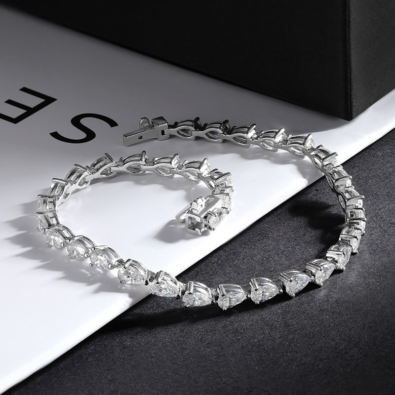 Full Pear Cut Real Moissanite Women Tennis Bracelet 925 Sterling Silver Chain