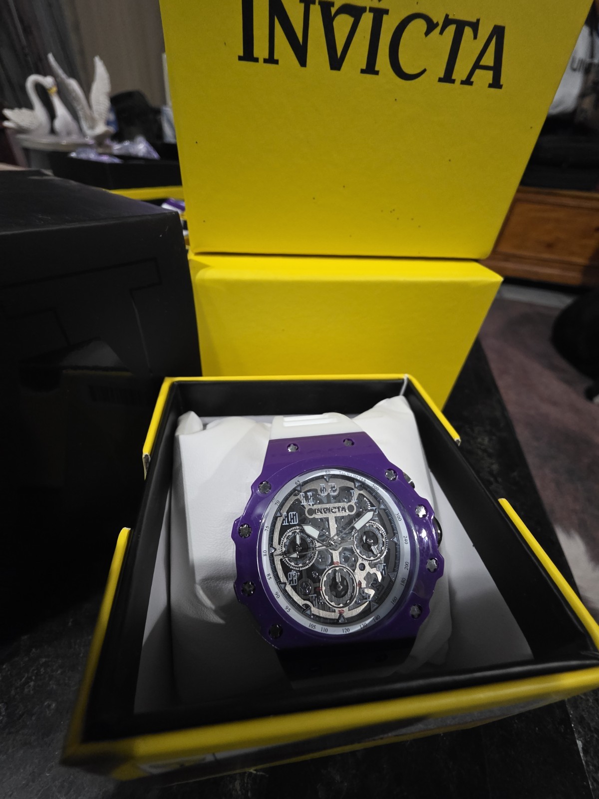 Invicta Sport Chronograph Skeleton Dial Purple Case White Silicone Strap