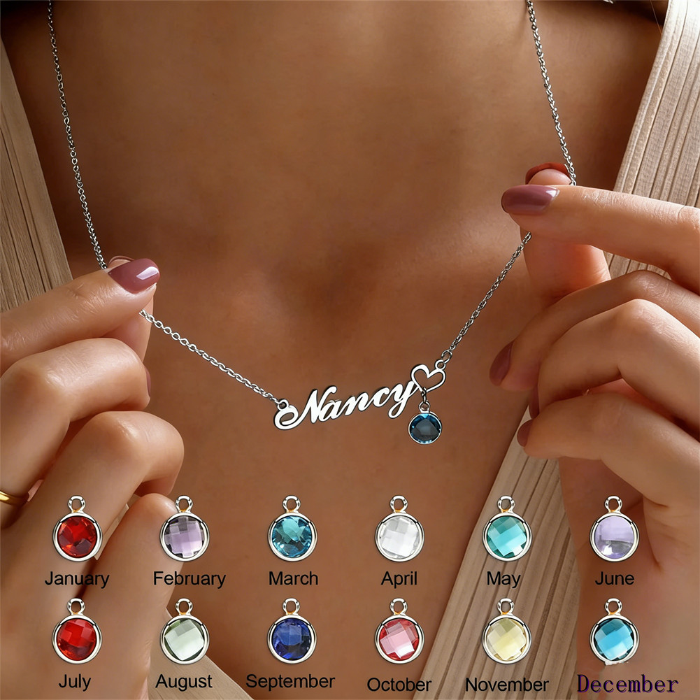 Custom Name Plate Necklace Personalized Birthstone Pendant Stainless Steel Chain