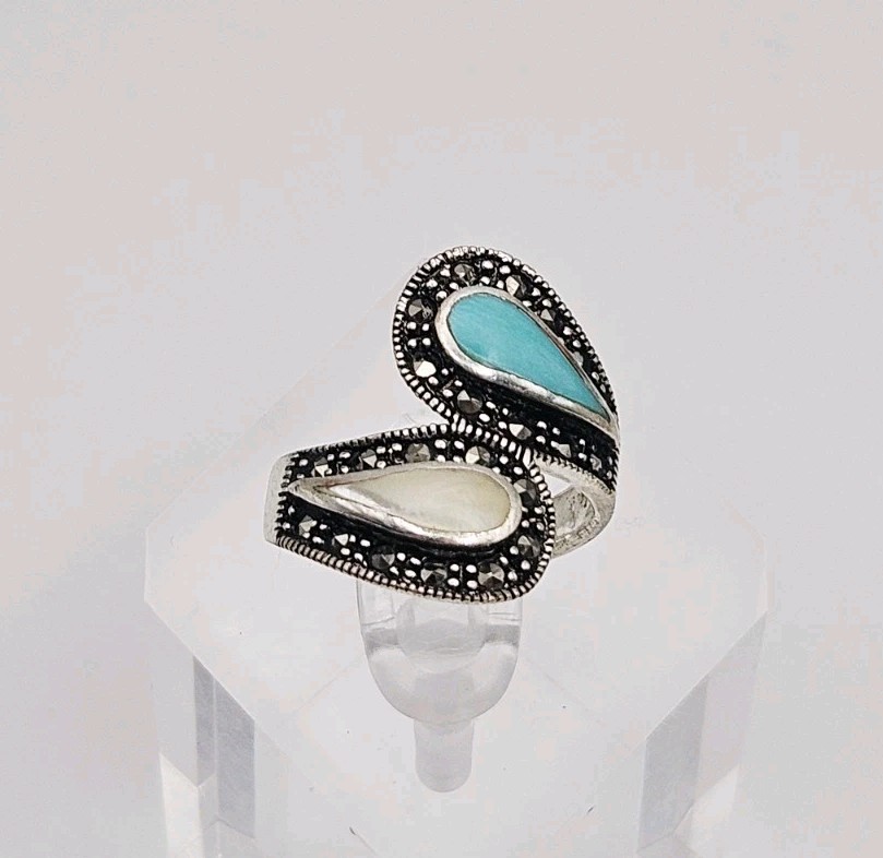 Marsala Manufacturing MC Sterling Silver Turquoise, MOP & Marcasite Ring Size 7