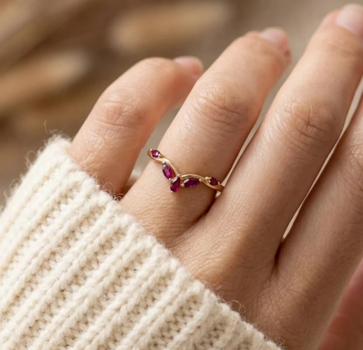 Lab Created Ruby Cluster Band V-Shaped Ring 925 Sterling Silver Gold Plated Ring