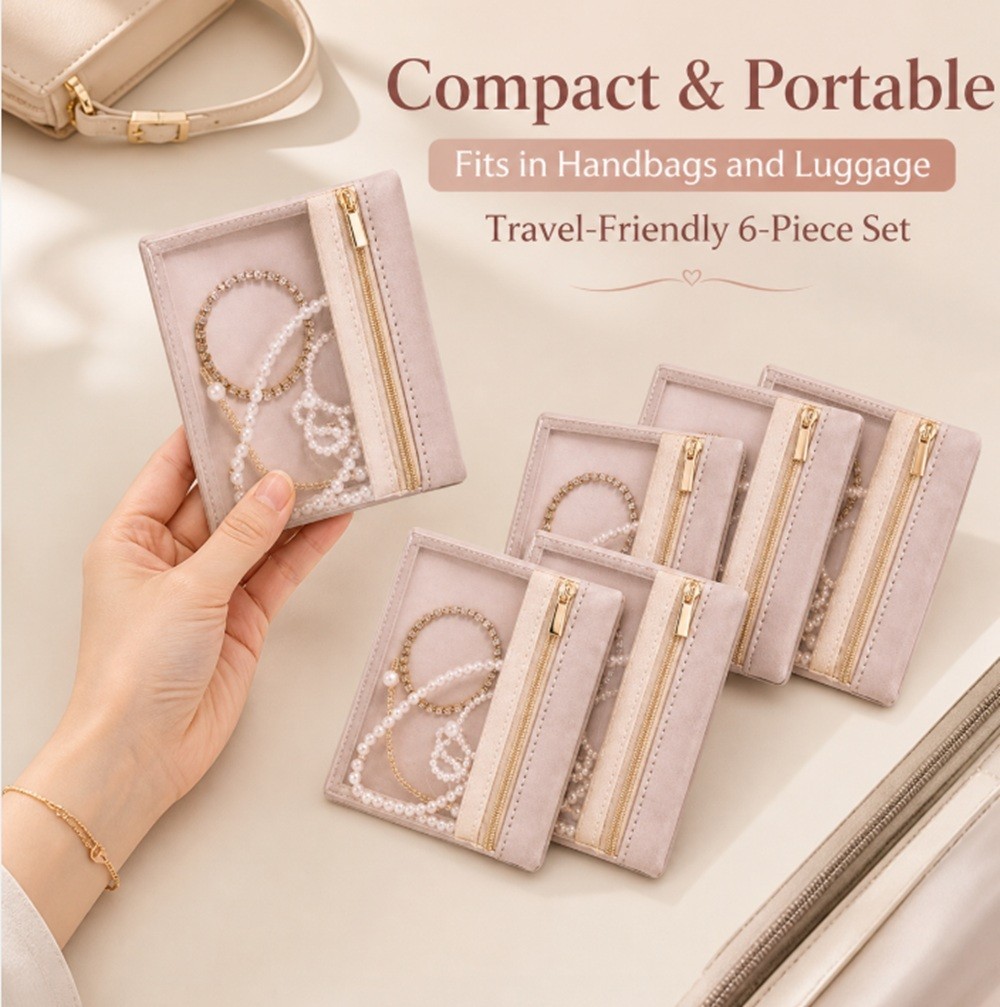 6-Pack Travel Jewelry Organizer Pouch Clear Velvet Bags Zipper Case for Jewelry