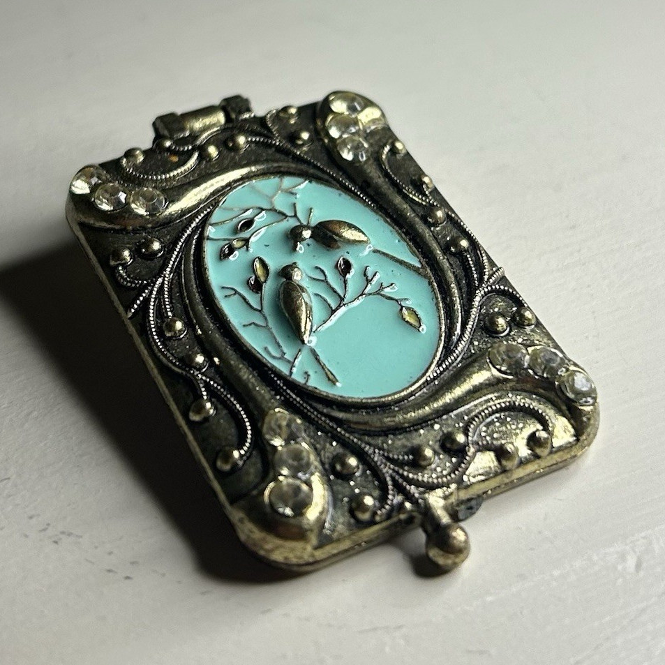 Vintage Art Nouveau Rectangular Magnetic Locket Pendant Birds Floral Turquoise