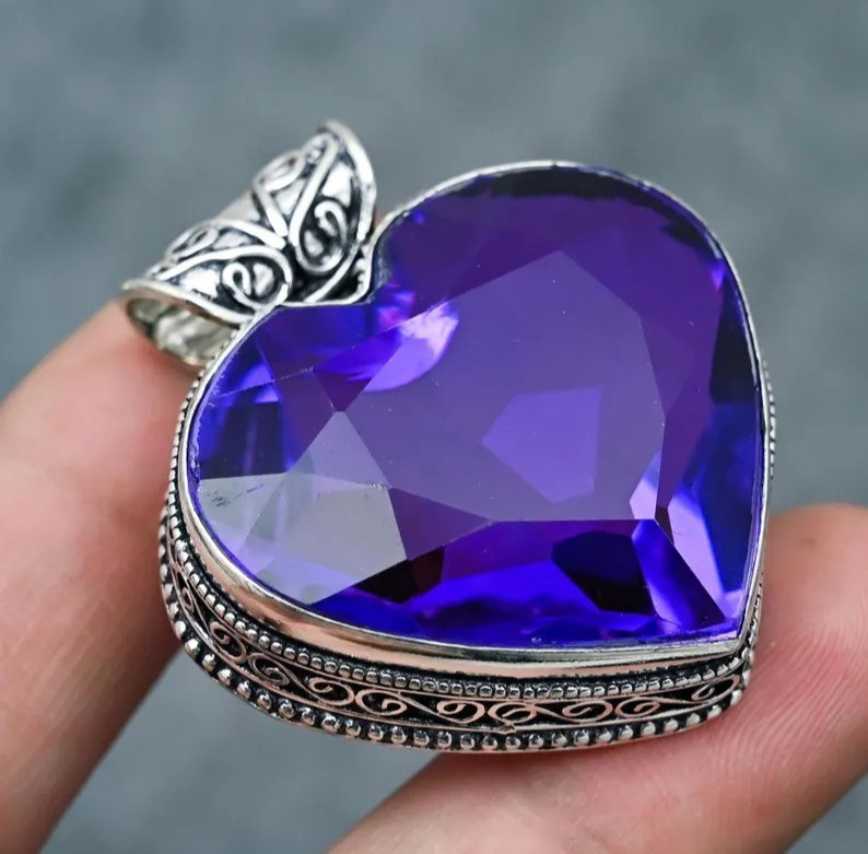 Amethyst Gemstone Heart Pendant: Handmade 925 Sterling Silver Designer Jewelry