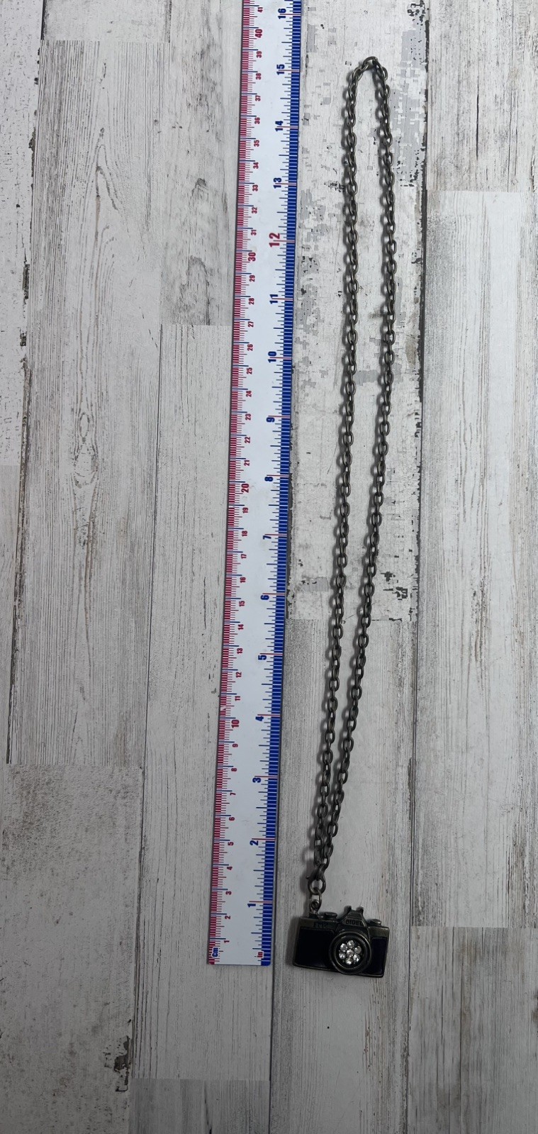 Brass Brown Leather Rhinestone Camera 28″ Adjustable Necklace