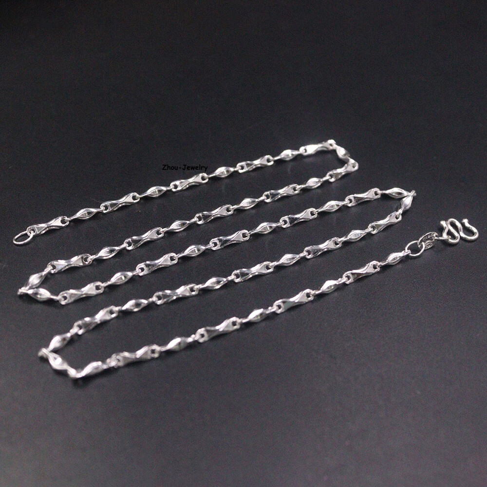 Pure S999 Fine Silver 999 Chain 3mm Lucky Yuanbao Link Necklace 9.5-10g 17.9inch