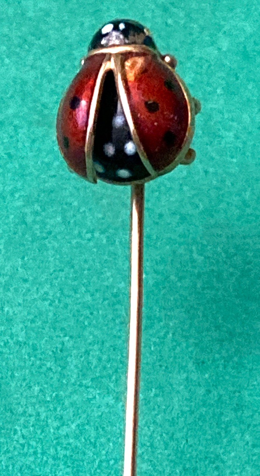 ANTIQUE ENAMEL AND 14k GOLD LADYBUG STICK PIN
