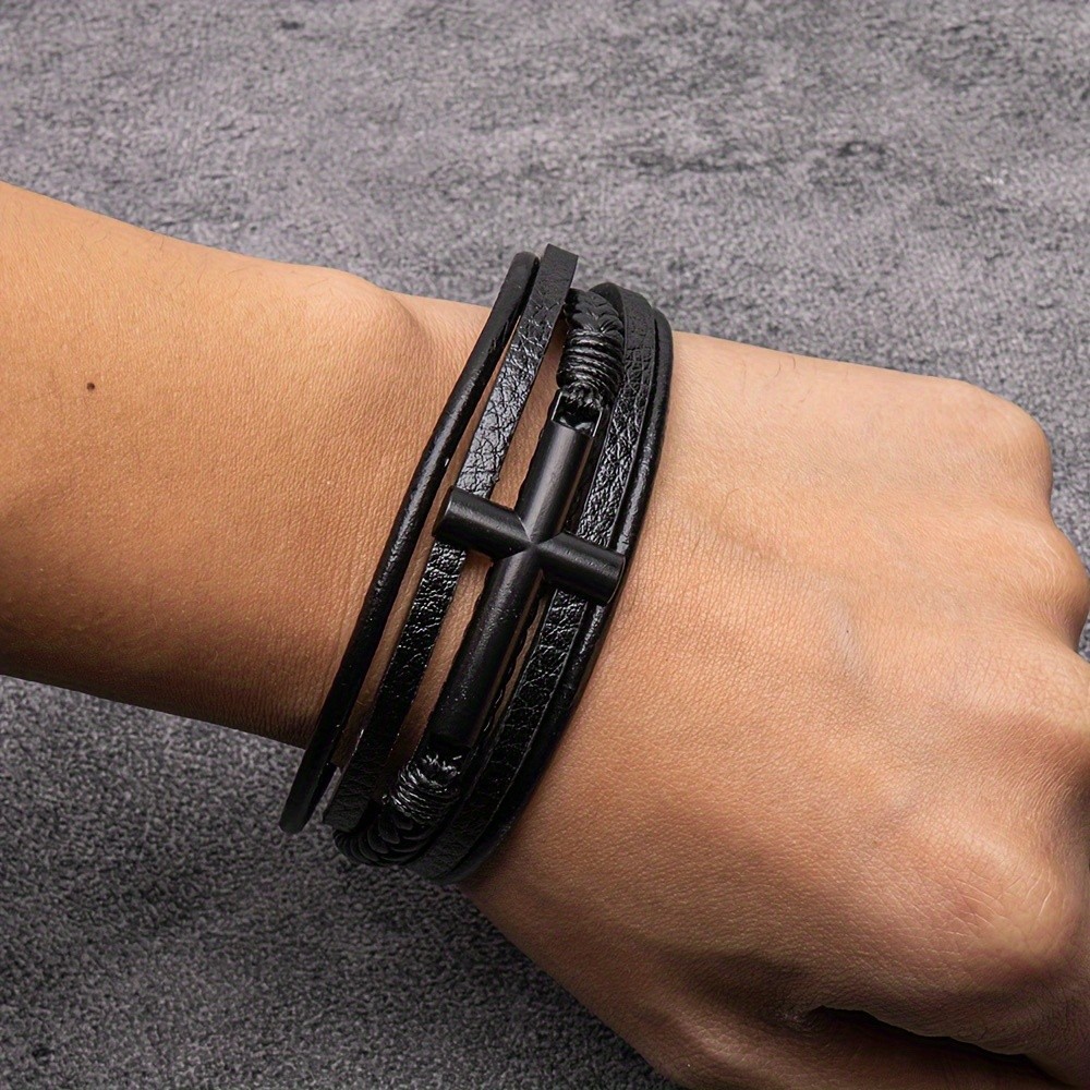 Retro Men’s Magnetic Buckle Faux Leather Fabric Stainless Steel Braided Bracelet