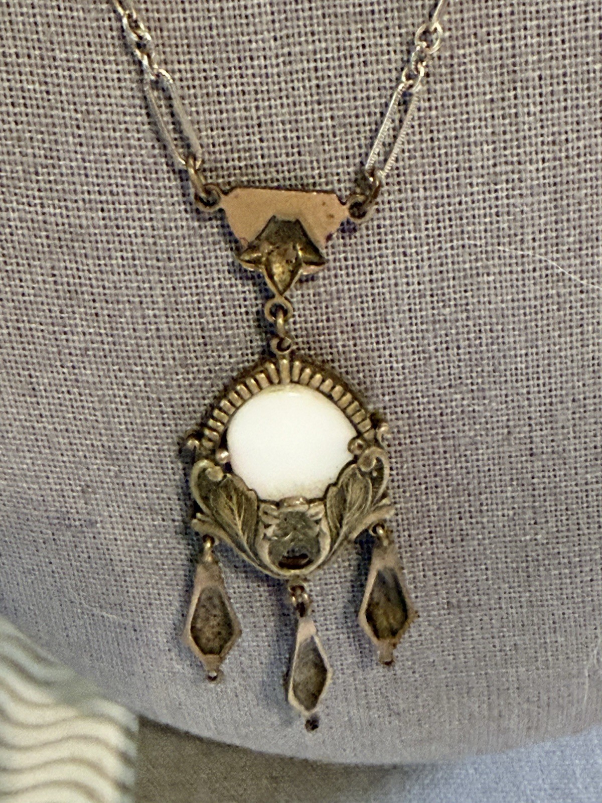 Vintage Brass Necklace Painted Porcelain Scene Pendant Art Nouveau Barrel Clasp