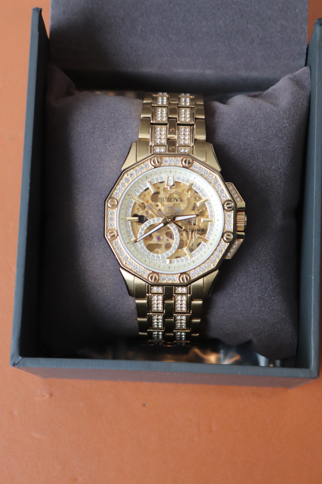 Bulova Octava Automatic Gold Tone Stainless St. Crystal Accent Men Watch 98A292