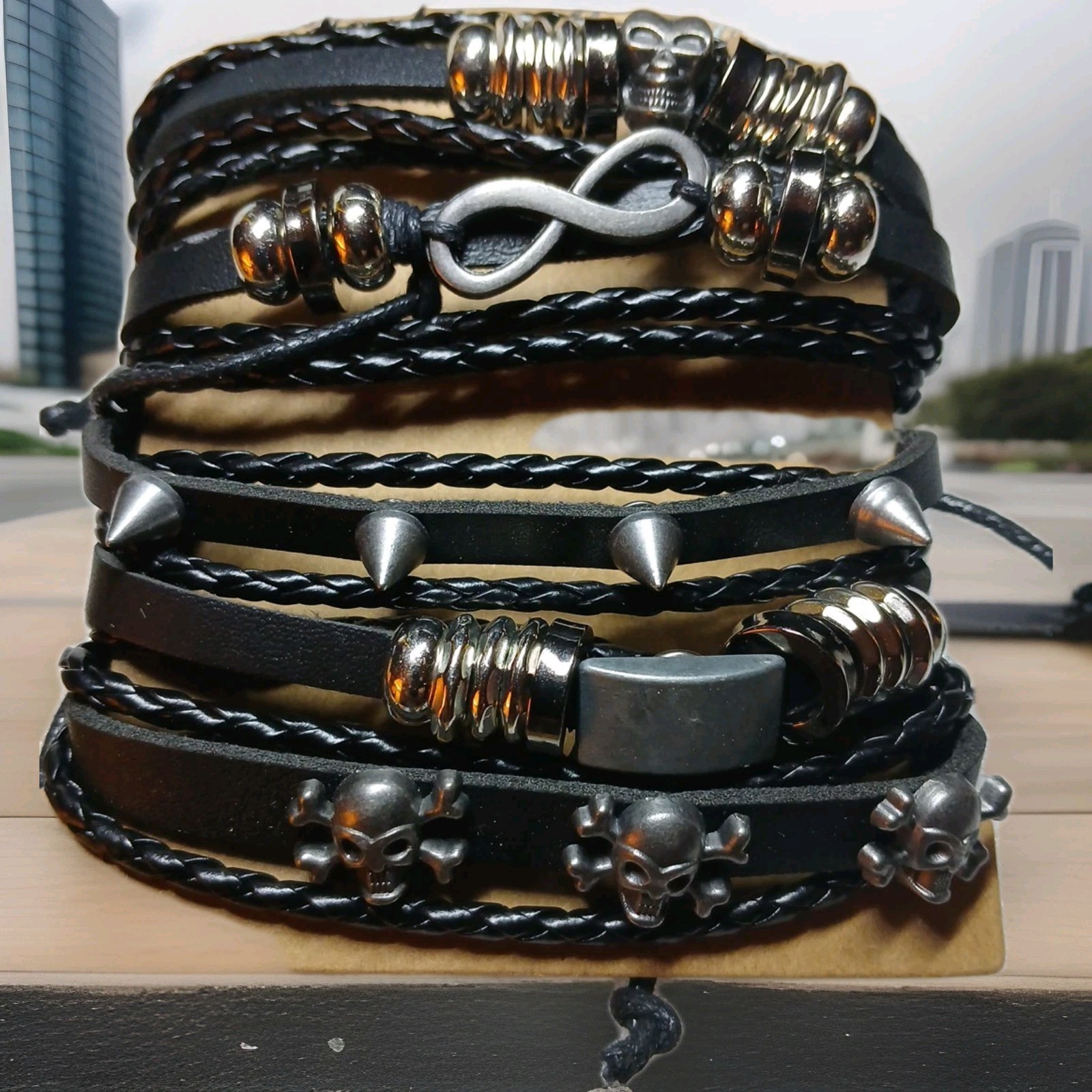 5PACK! LEATHER Tie Up Bracelets! 5 Styles, Skulls,spikes Goth,Biker