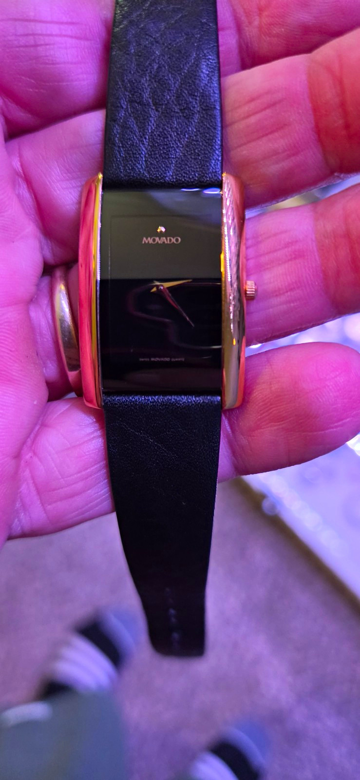 Movado Museum Quartz Rectangular Black Dial Leather Strap Watch w/Box
