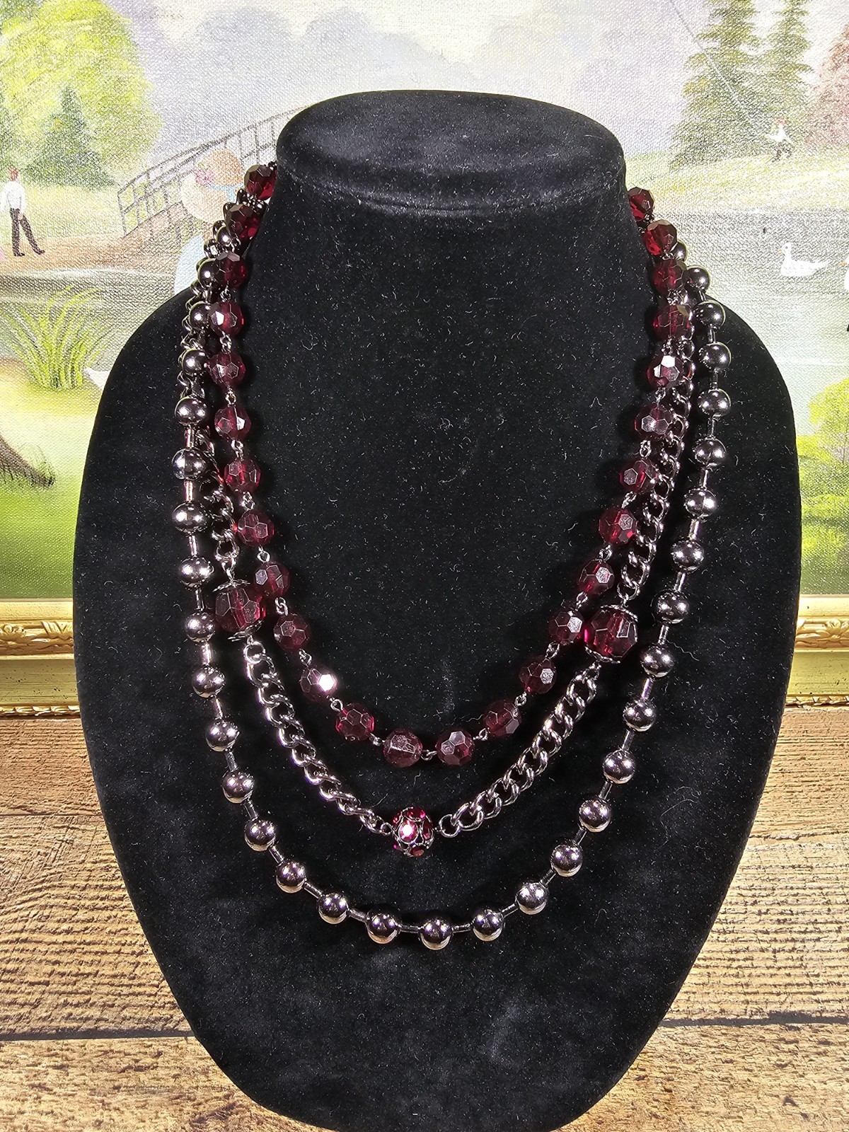 Robert Rose Gunmetal Read Acrylic & Rhinestone Triple Stand Necklace, 24″