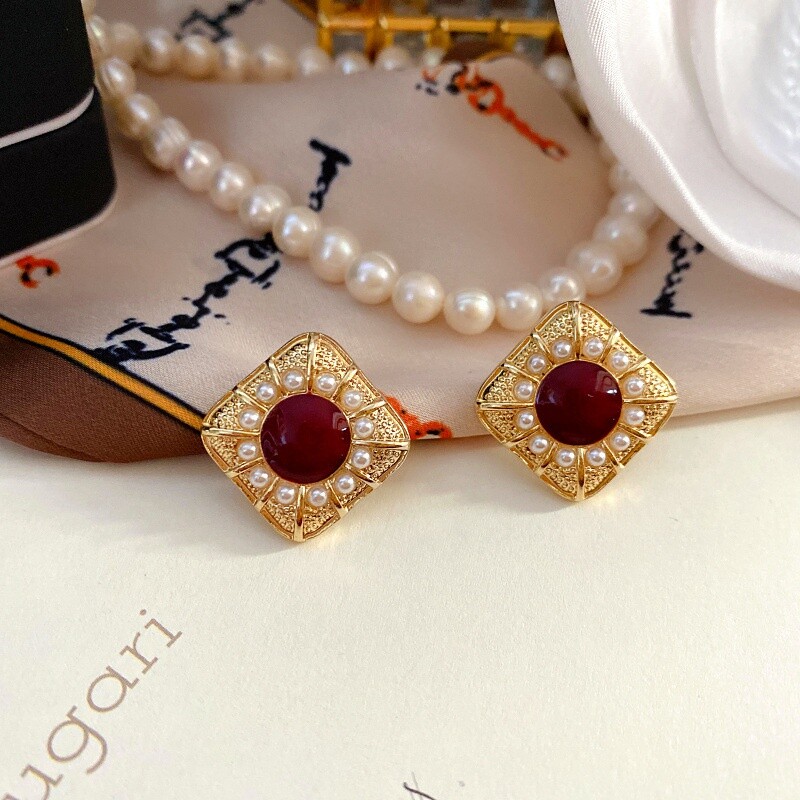 Retro French Elegant Simple Antique Times Drop Oil Enamel Pearl Silver Earring