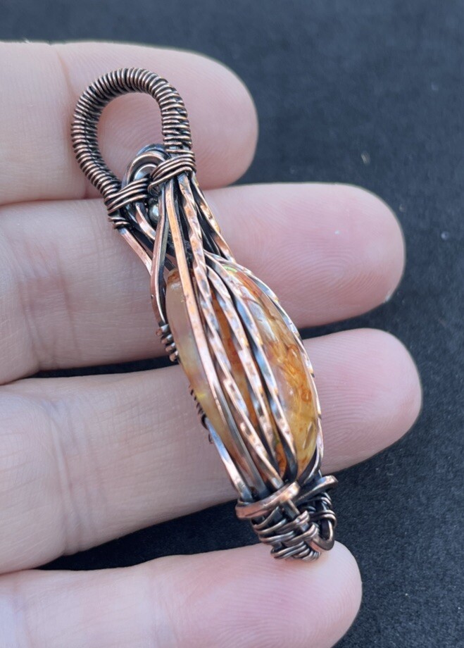 Orange Calcite (in resin)~ Handmade copper wire wrapped pendant 10b