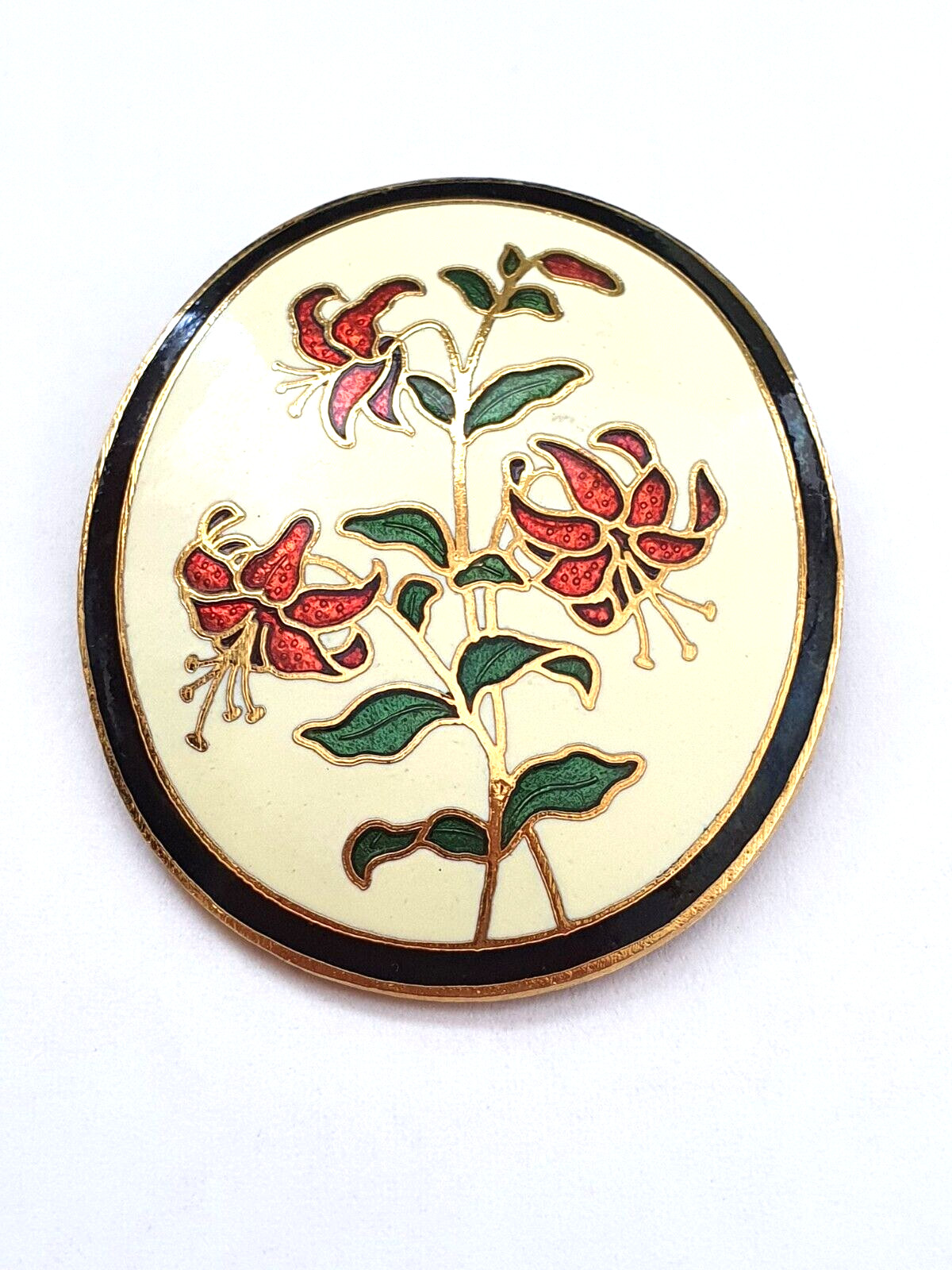 Fish Signed Cream Red Green Enamel Cloisonné Lilly Oval Gold Tone Brooch Pin