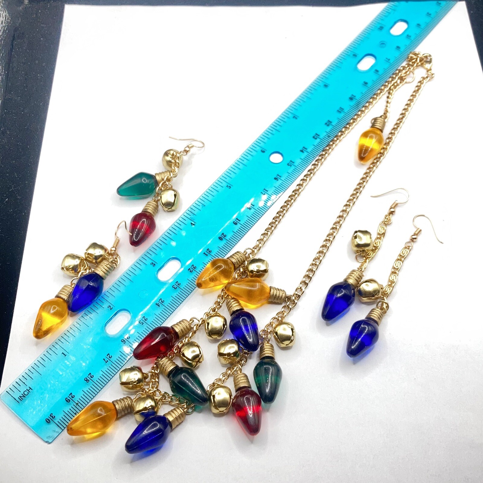Handmade Christmas Theme Light Jingle Bell Necklace Earrings Set Funky Fun