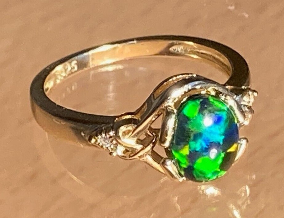 Opal Rings Emerald Green Multi-Coloured Created Opal Triplets – Sizes 6 to 11 US
