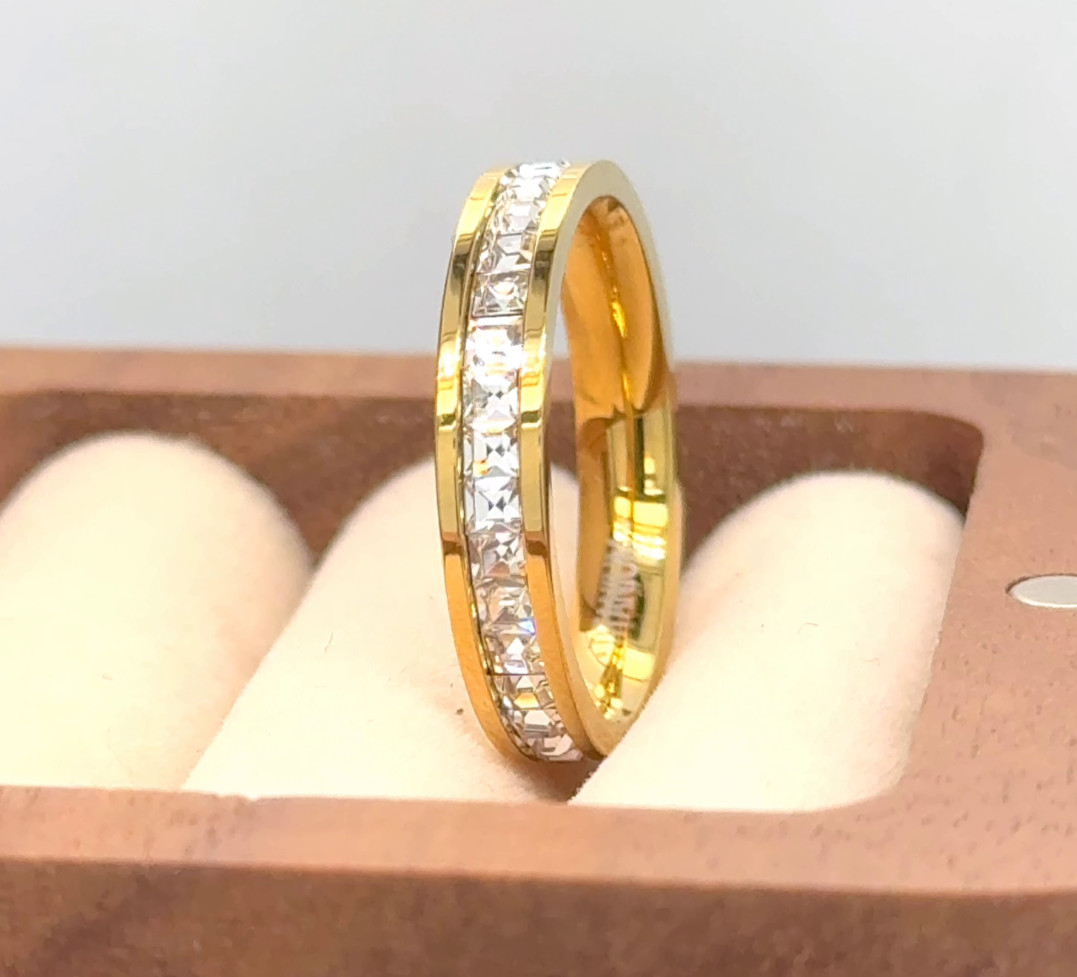 4mm Domed Gold Titanium Christmas Gifts Band Square White CZ Full Eternity Ring