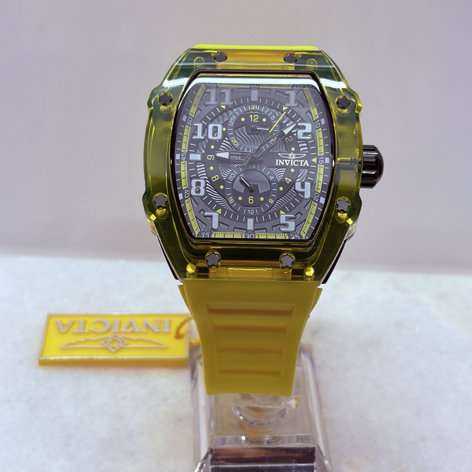 Invicta Racing Men’s 48.5mm Yellow Silicone Strap Quartz Black Yellow Watch New