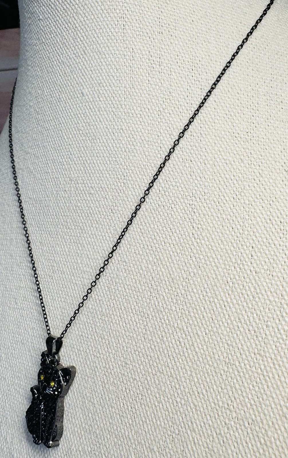 Adorable Black Rhinestone Kitty Cat Pendant On Black Chain Necklace
