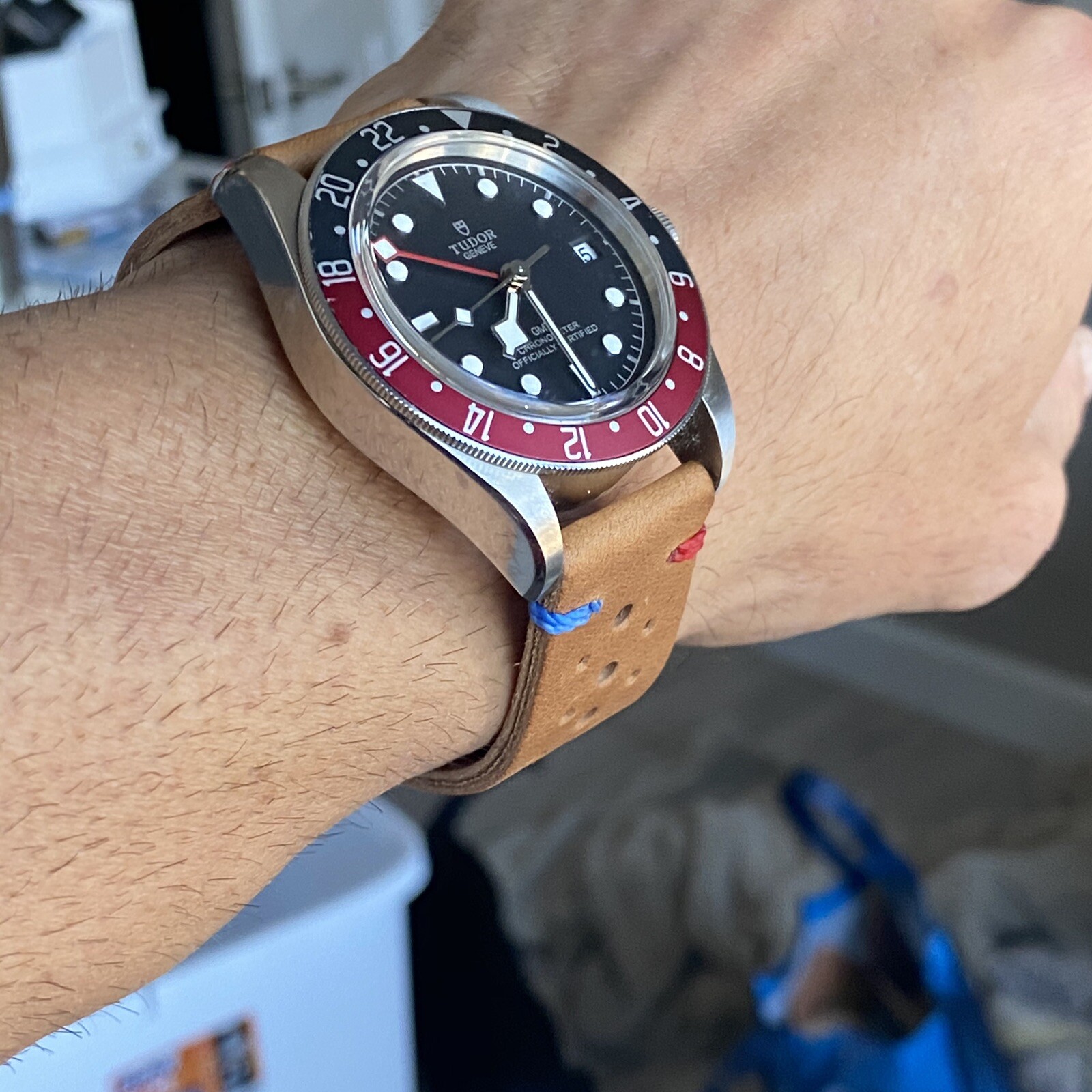 22mm TAN/BEIGE Cumberland Side Canyon Leather RACING Watch Strap GMT BLUE RED