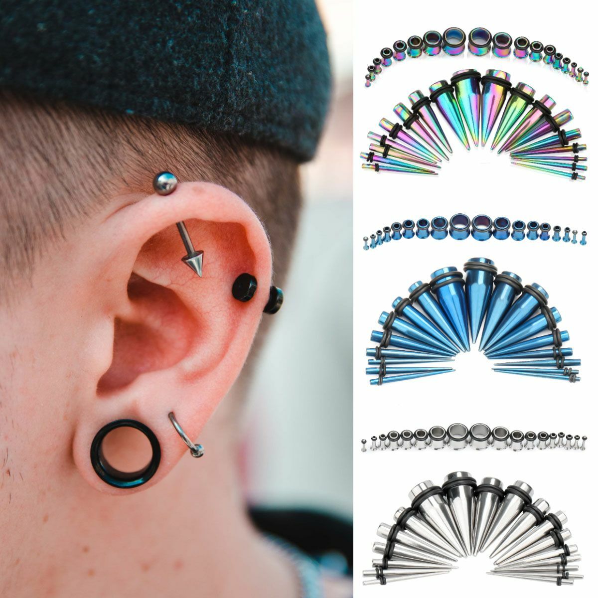 36PCS Ear Stretching Gauges Set Tapers Tunnels Plugs Kit 14G-00G Stainless Steel