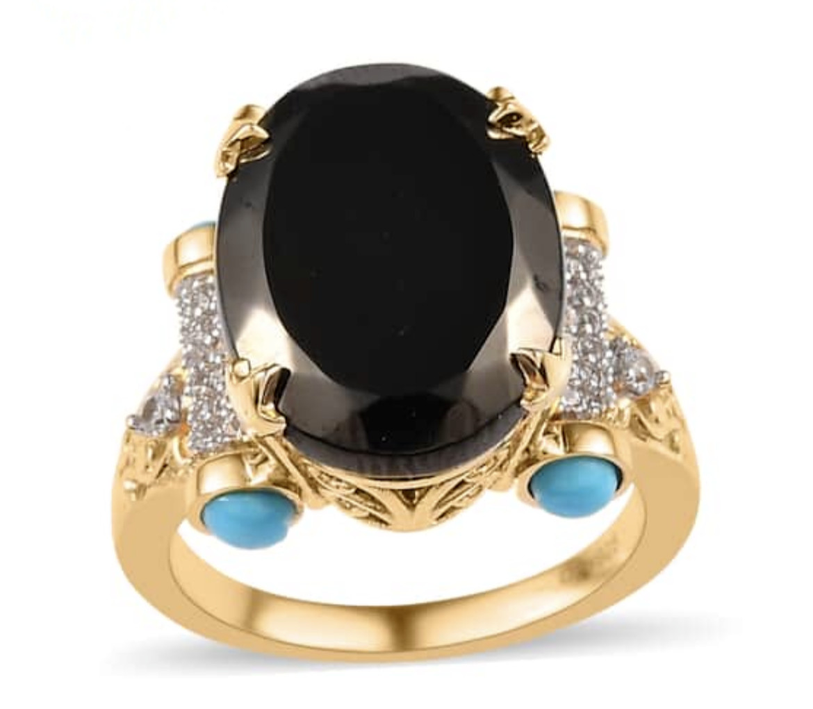 Womens Ring Black Shungite Turquoise Zircon SHOPLC (7) Gold/ Sterling *NEW