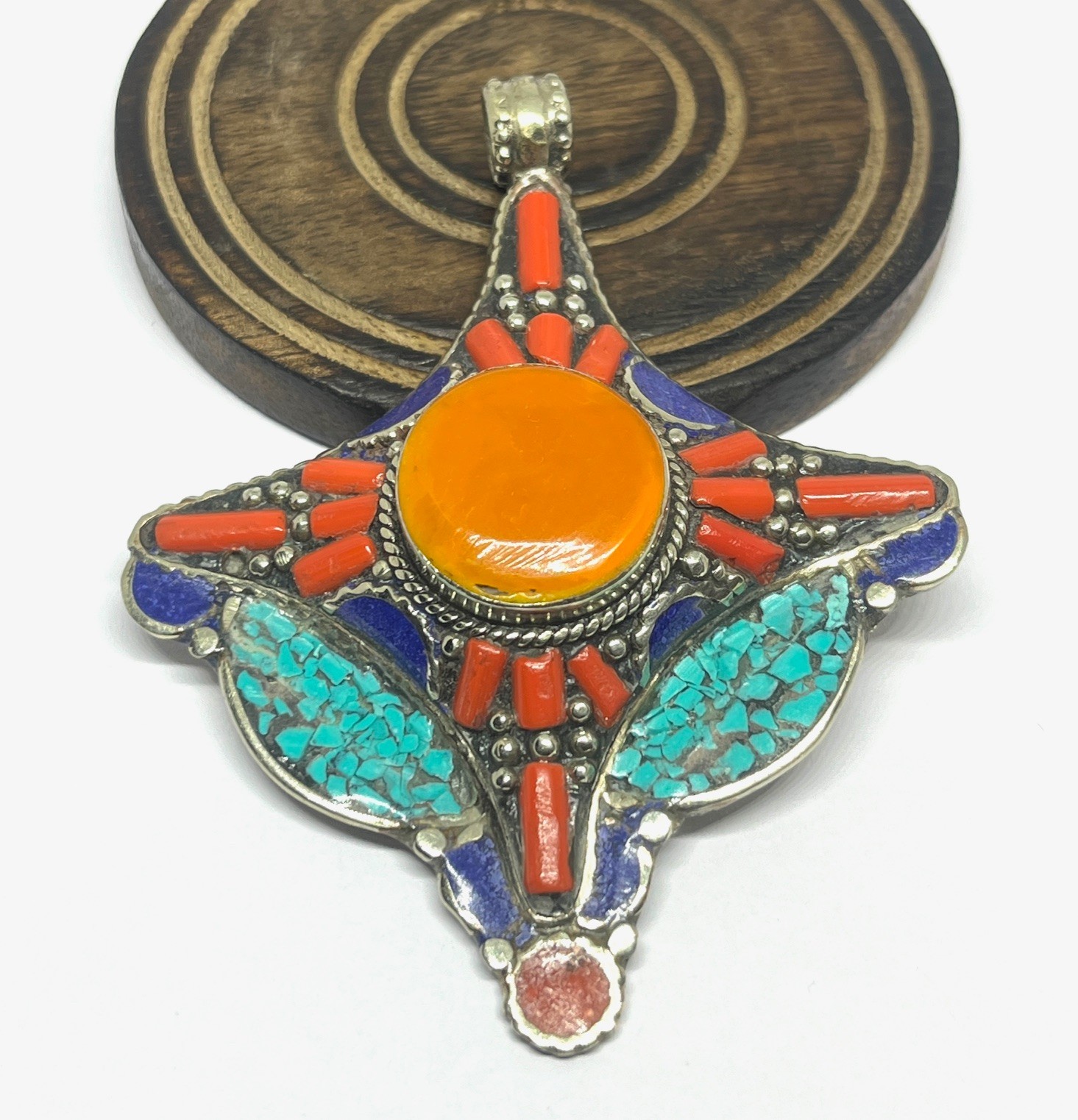 Ethnic Coral Turquoise Amber Gemstone Tibetan Style Pendant Jewelry, 3.0 inch