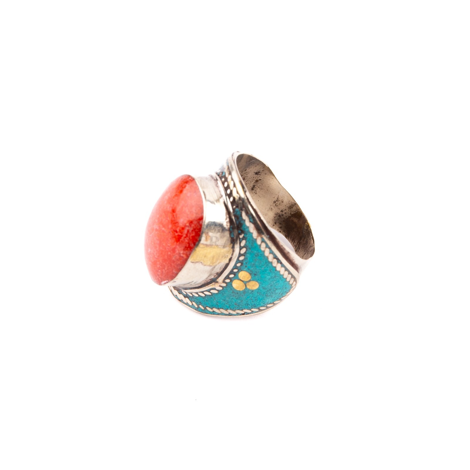 Tibetan Ring, Red Coral Stone Turquoise, Traditional Tibetan Bead Jewelry,