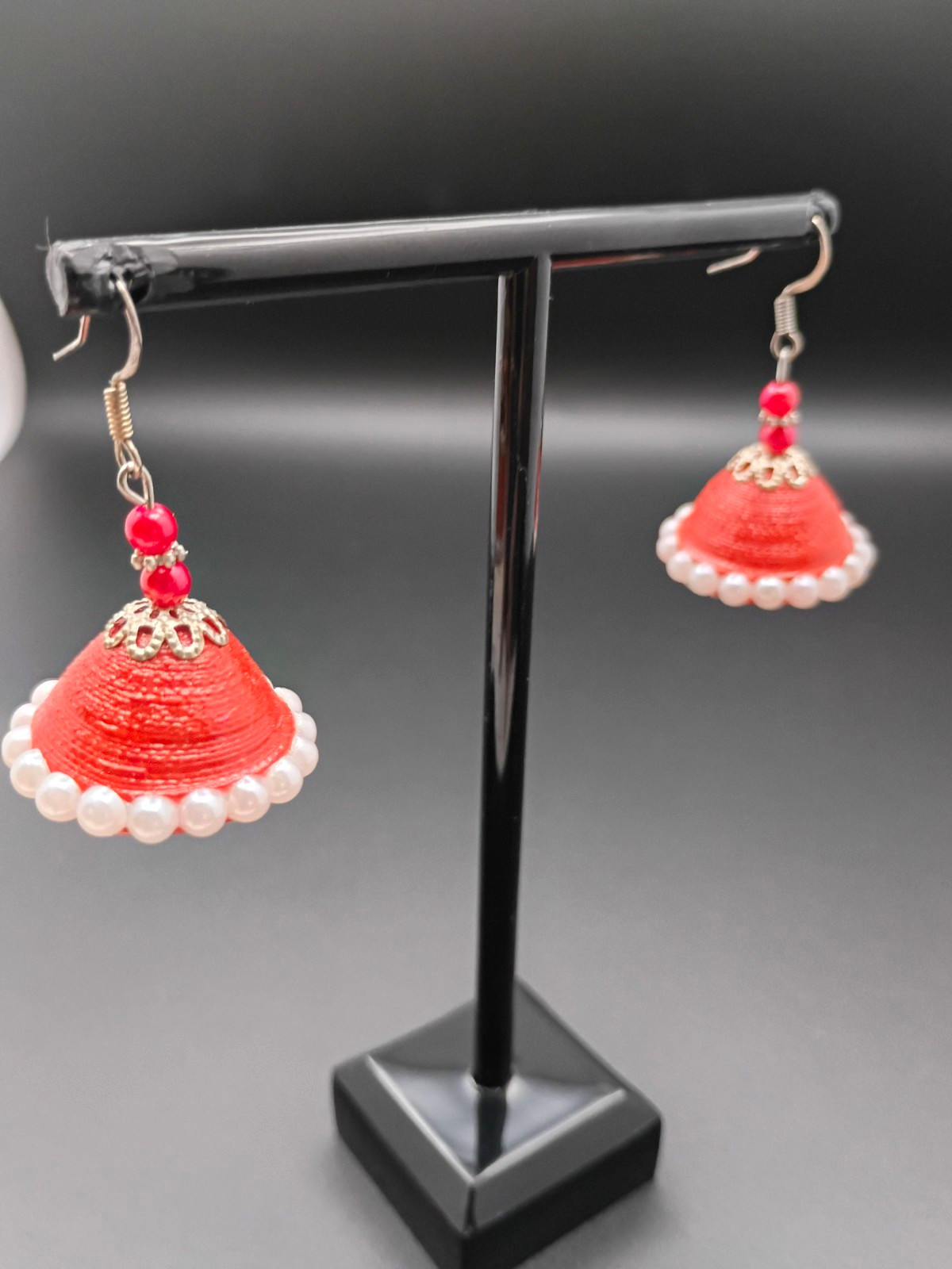 Handcrafted,Orange Bell Beaded Dangle Earrings White Imitation Pearl Fringe Hook