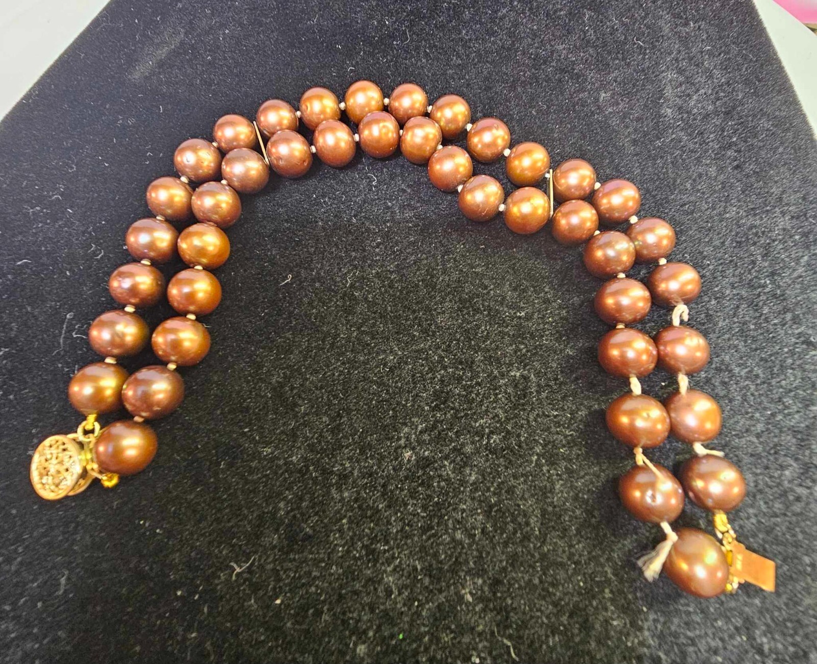 Marked 14K Flower Clasp Double Strand Bracelet w/ Brown Pearl 8.25in”- S37