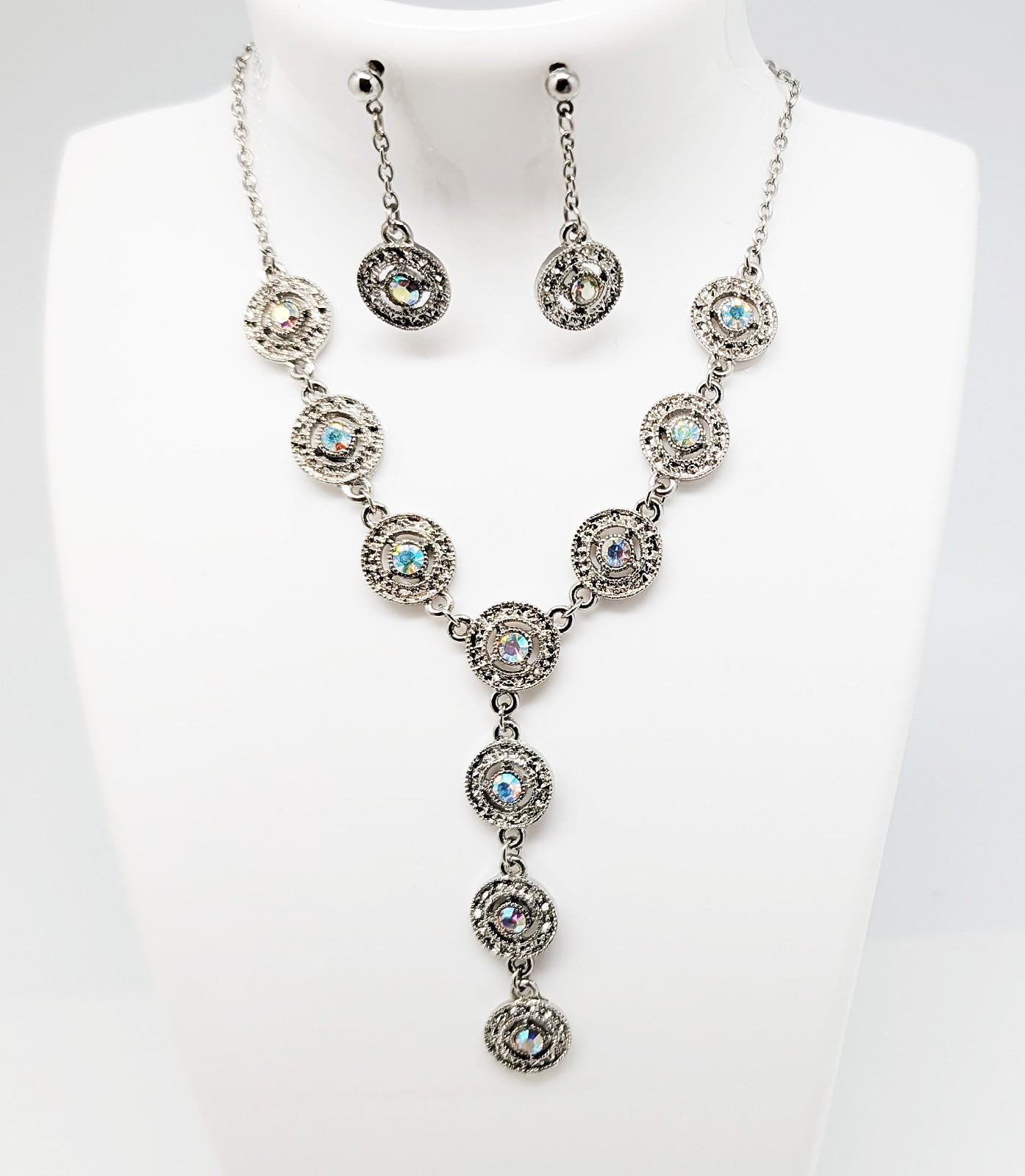 DESIGNER INSPIRED 17 in CLEAR A/B CRYSTAL CIRCLE DROP Y SILVER JEWELRY SET NEW