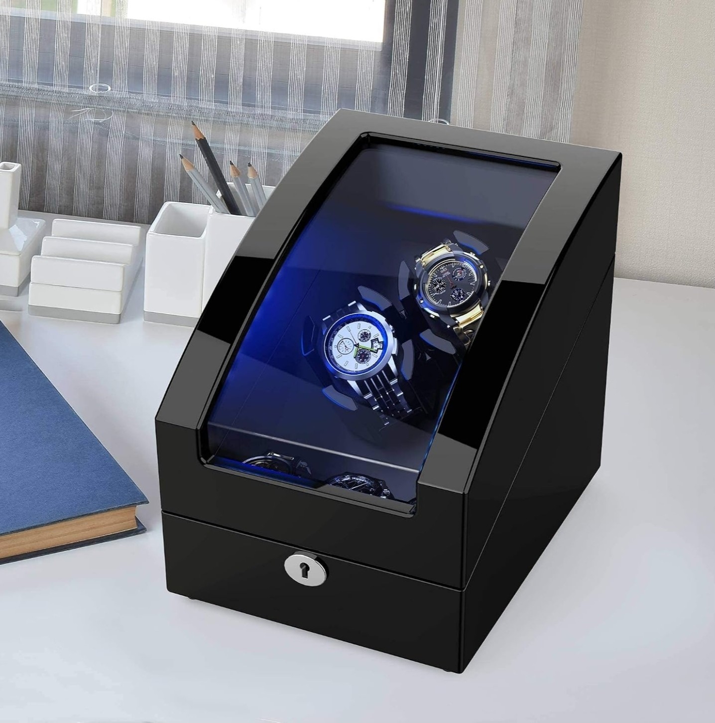 NEW! Double Watch Winder+ 3 Soft Leather Pillows LED Light, Quiet Motor