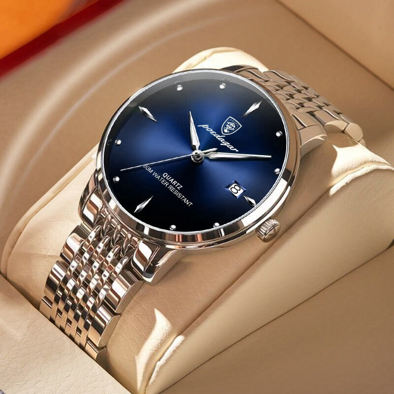 POEDAGAR Luxury Business Men’s Quartz Watch Slim 3Bar Luminous Date Stainless