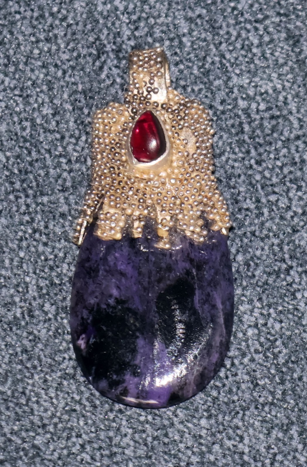 Artisan Ingapani Style 1.75″ Sugilite, Garnet & Silver Teardrop Pendant 13.24g