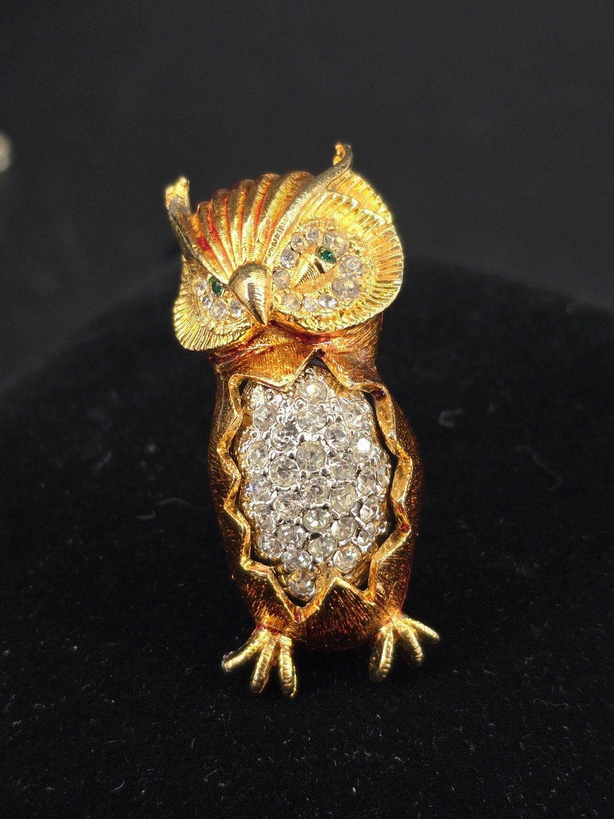 Vtg Goldtone & Rhinestone Owel Brooch