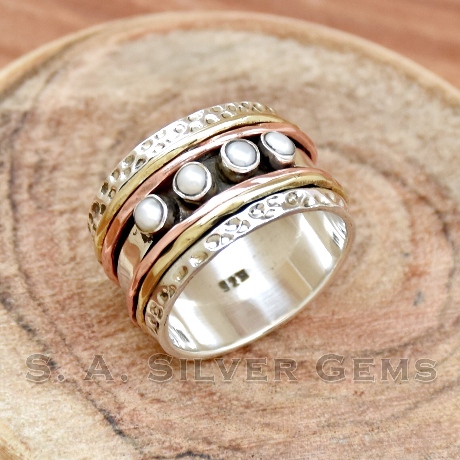 Pearl Spinner Ring, Three Tone Ring, Women Ring, Sterling Silver, Gift For Her