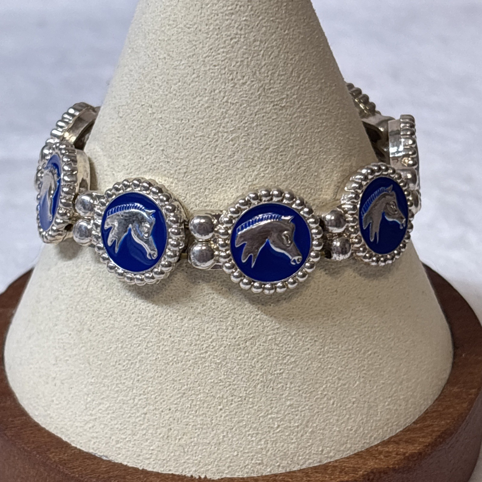 Vintage Horse Head Blue Enamel Silver Tone Stretch Bracelet