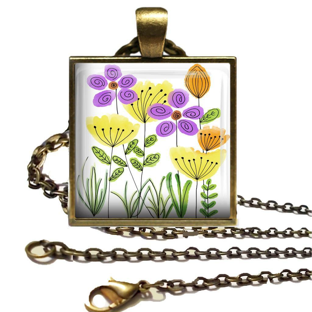 Flower Blossoms Drawing Glass Top Necklace Handcrafted Gifts Spring Flowers