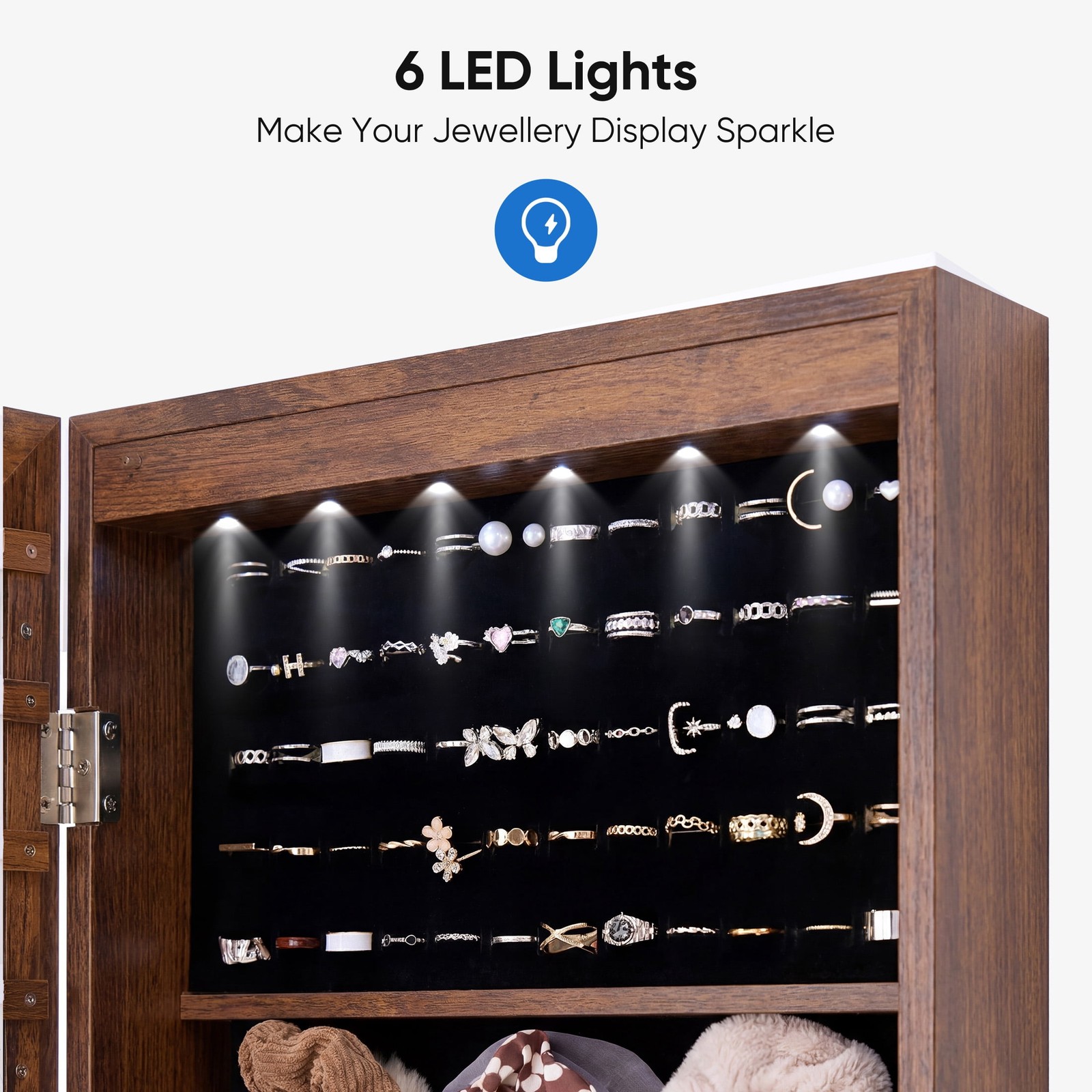 JHK Full Length Mirror Jewelry Cabinet w/ 6 LED Lights,Wall Mounted/Door Hanging